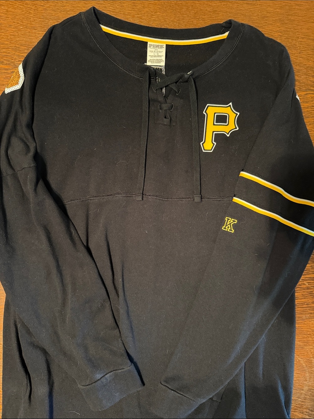 PINK Victoria's Secret Black Lace-Up Pullover with Yellow Accents